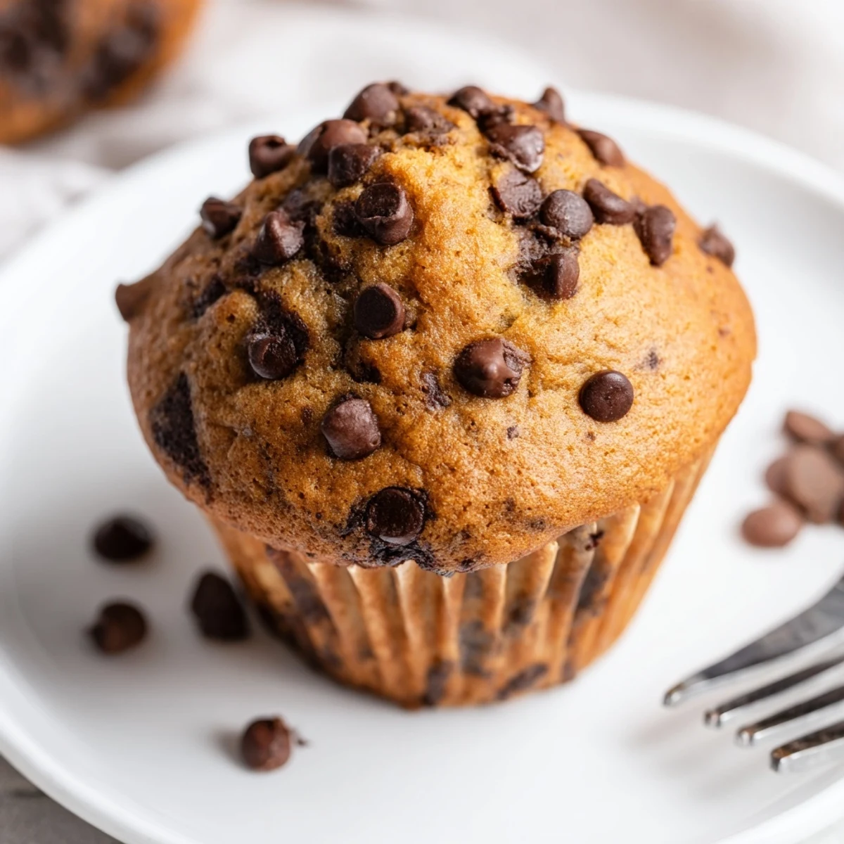 Golden bakery style chocolate chip muffins with tall domed tops and melted chocolate chunks