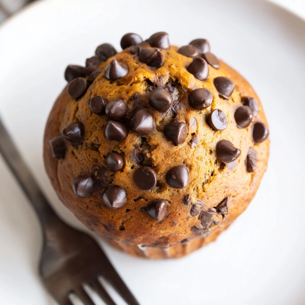 Fluffy bakery style chocolate chip muffins bursting with semi-sweet chocolate chips and coarse sugar topping