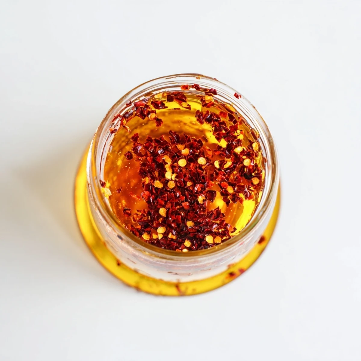 Golden homemade hot honey drizzled over crispy fried chicken with visible red chili flakes