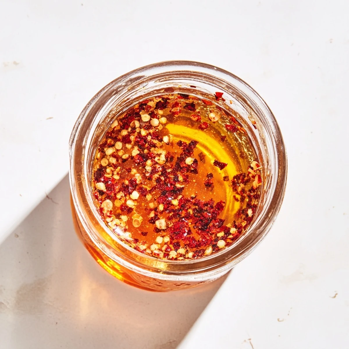 Warm spicy honey infusion swirling in a glass jar above freshly baked pizza