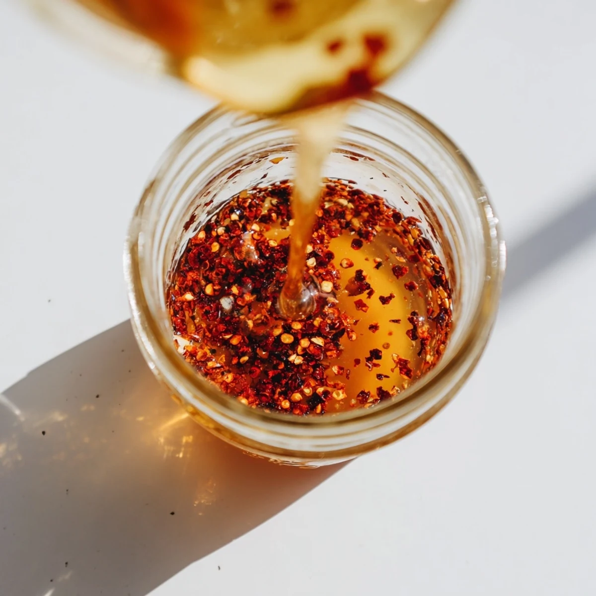 Amber colored sweet hot honey being poured from a spoon onto fluffy biscuits