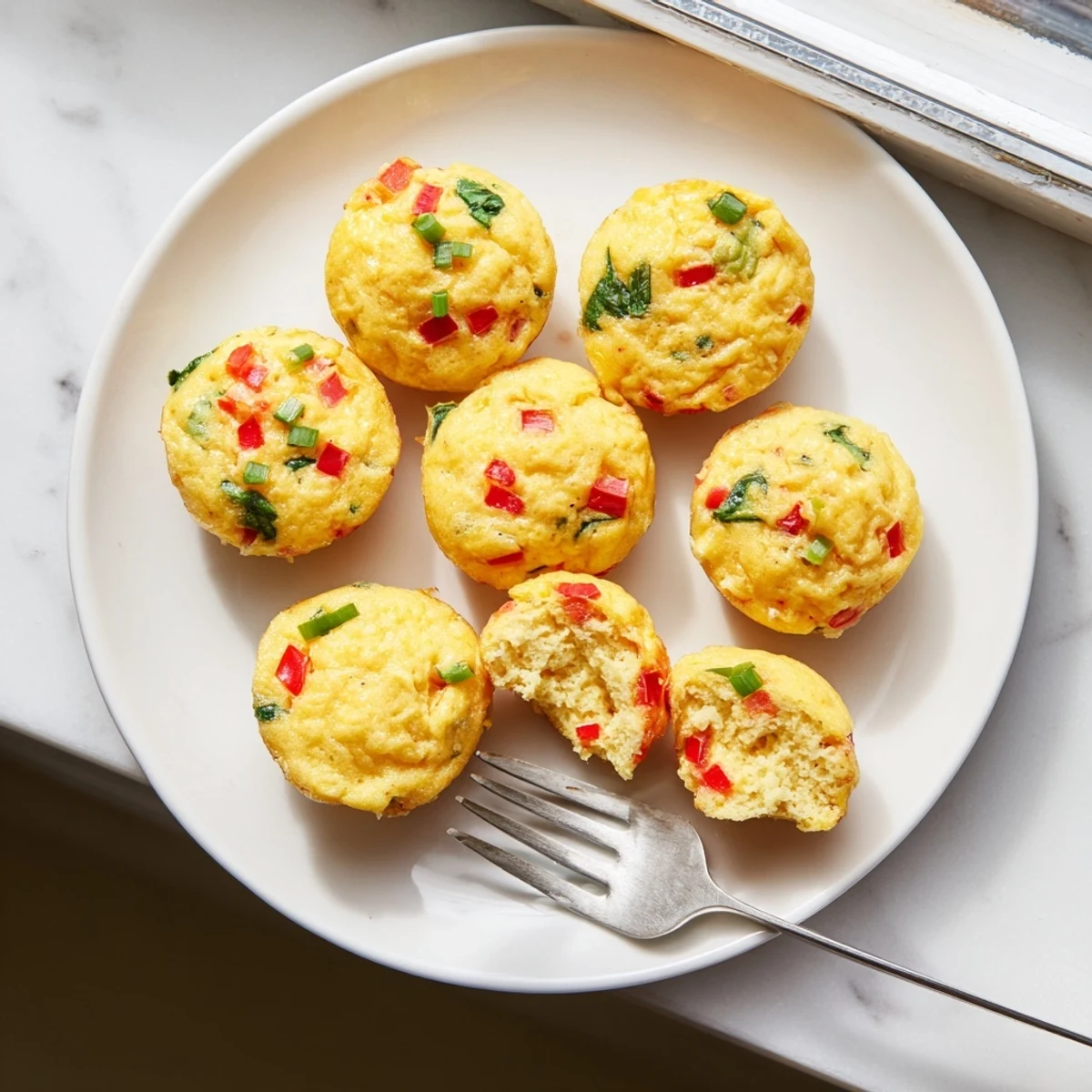 Golden brown cottage cheese egg bites with colorful spinach and bell pepper pieces