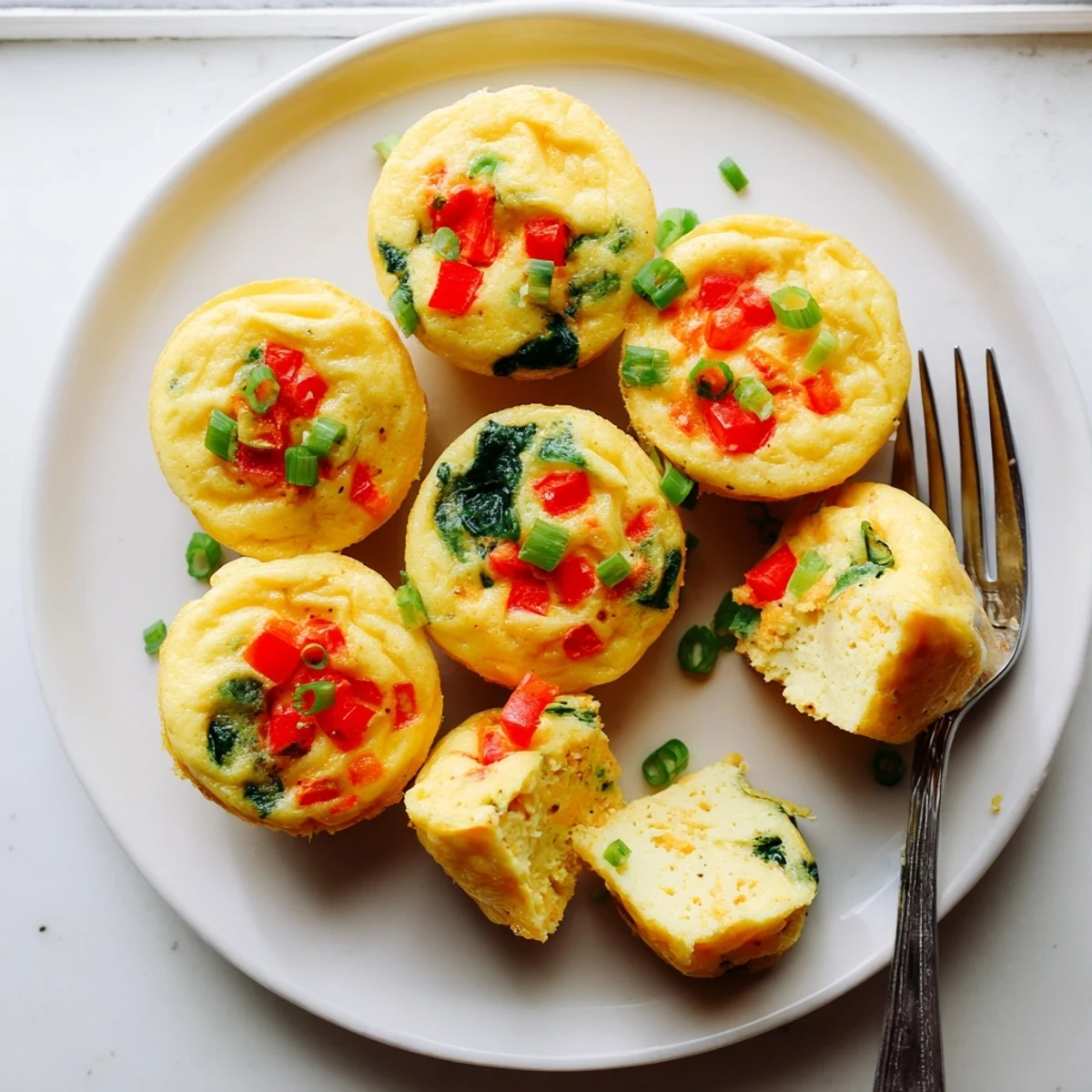 Baked cottage cheese egg bites topped with melted cheddar and fresh vegetables