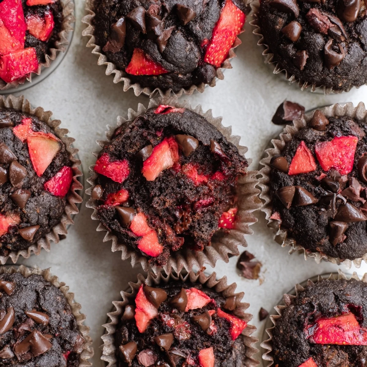 Golden double chocolate strawberry muffins cooling on a wire rack with juicy strawberry pieces visible throughout the dark chocolate crumb