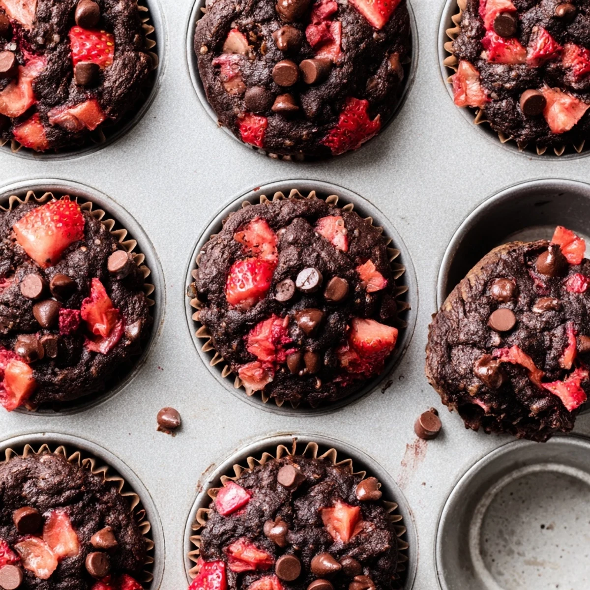 Fresh baked double chocolate strawberry muffins topped with melted chocolate chips and diced red berries on a white plate