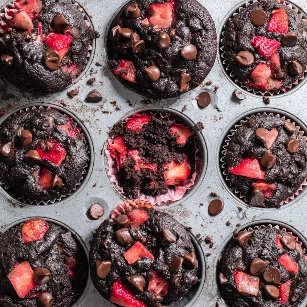 Close up of moist double chocolate strawberry muffins studded with semi-sweet chips and fresh strawberries served for breakfast