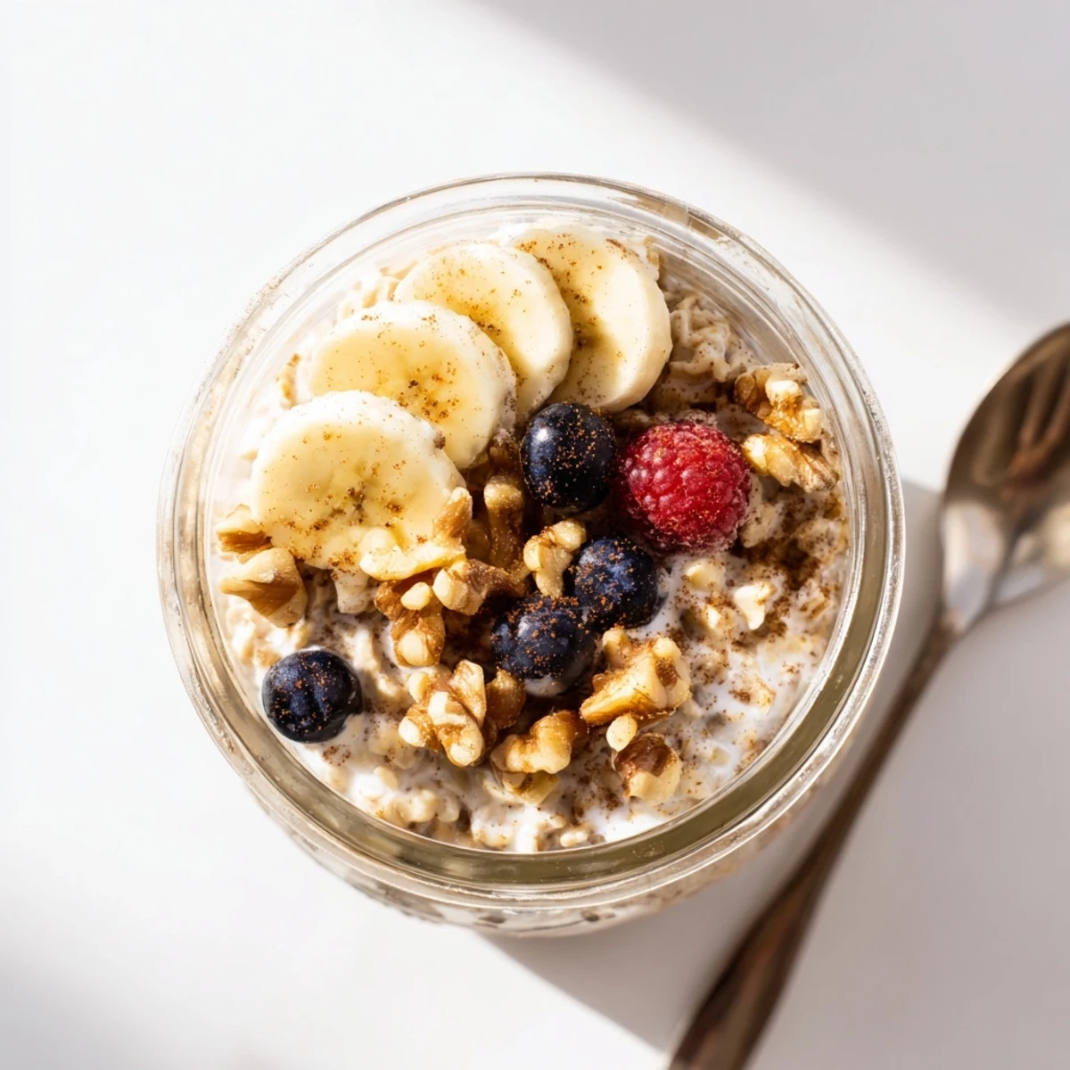 Creamy brown sugar overnight oats topped with fresh banana slices and crunchy walnuts in a glass jar