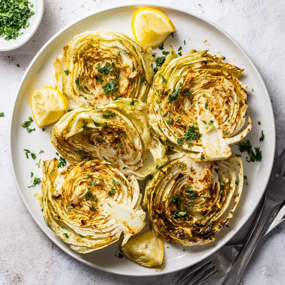 Crispy edge cabbage steaks caramelized to perfection, garnished with fresh parsley and served with lemon wedges