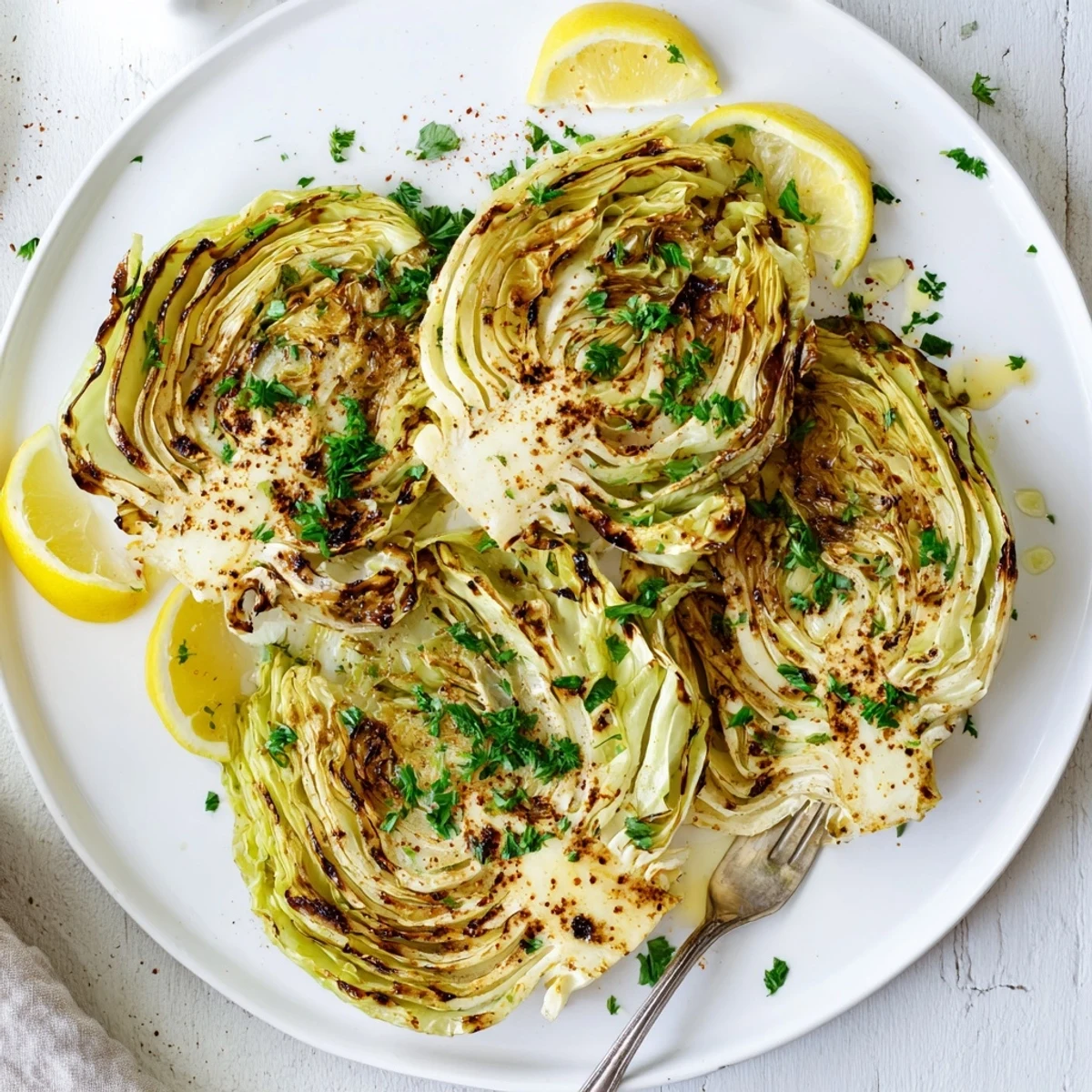 Golden brown roasted cabbage steaks seasoned with garlic powder and smoked paprika on a white baking sheet