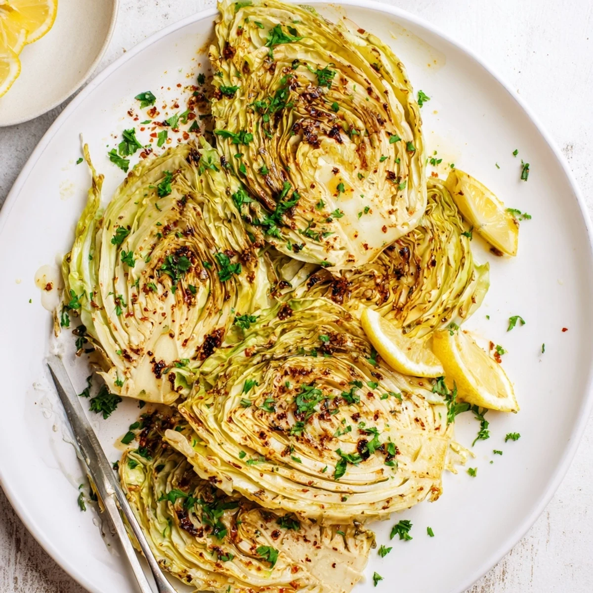 Thick slices of green cabbage roasted until tender with olive oil, salt, pepper, and spices