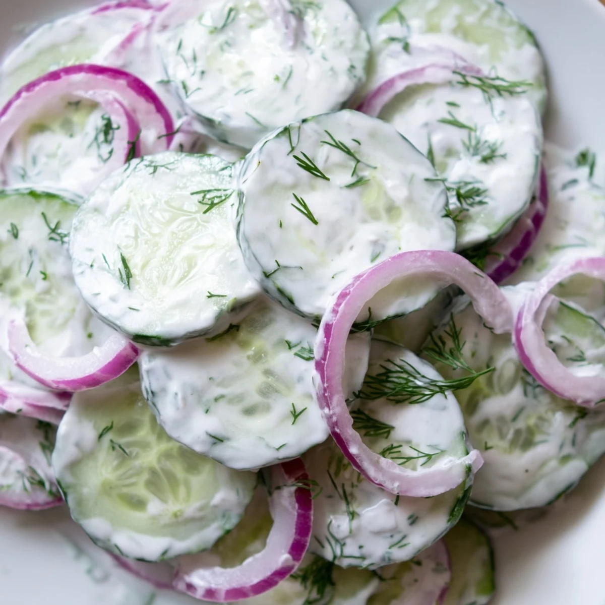 Fresh creamy cucumber salad with crisp sliced cucumbers in tangy herbed dressing