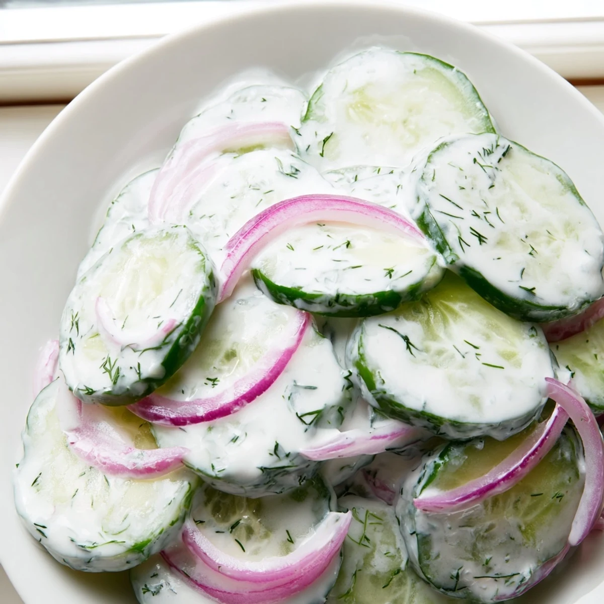 Summer side dish featuring crisp cucumbers tossed in a rich creamy garlic dill dressing