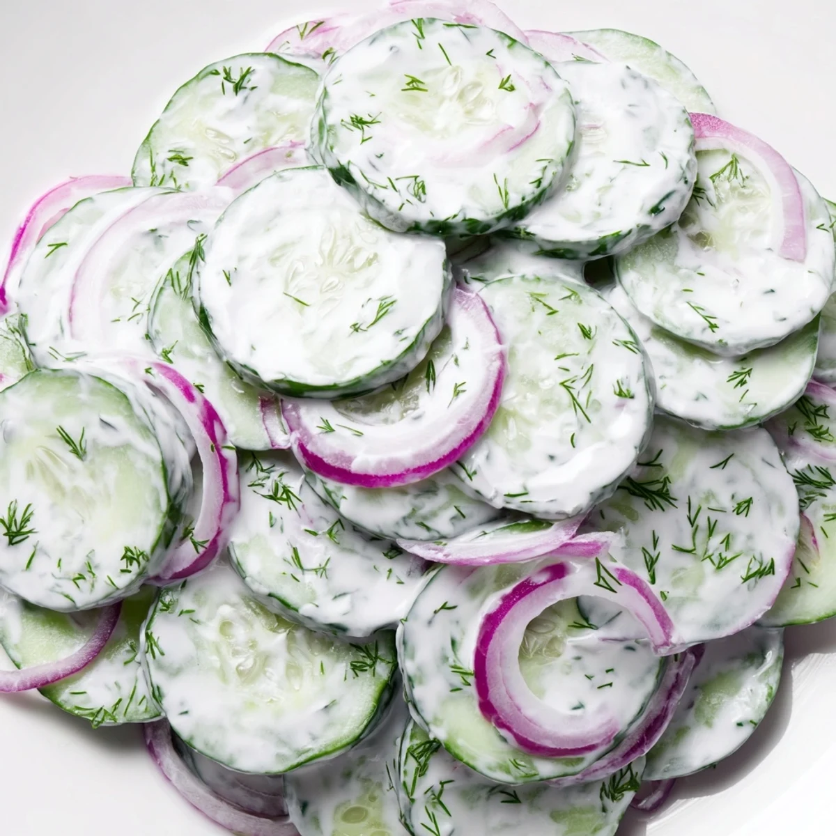 Chilled cucumber salad coated in creamy sour cream sauce with red onions and fresh dill