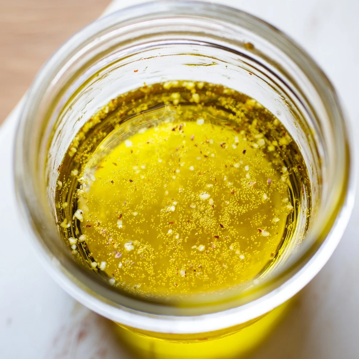 Golden easy lemon vinaigrette dressing drizzled over fresh green salad with olive oil emulsion