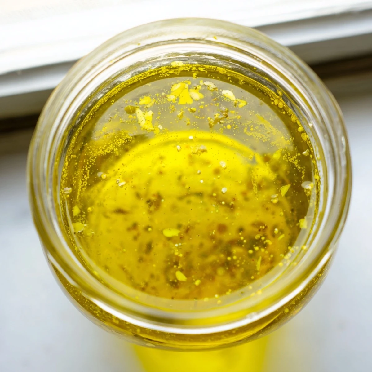 Creamy easy lemon vinaigrette dressing in glass jar with bright lemon slices and fresh herbs