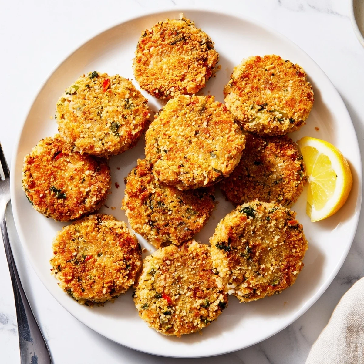 Golden brown crispy tuna cakes served on a white plate with fresh lemon wedges