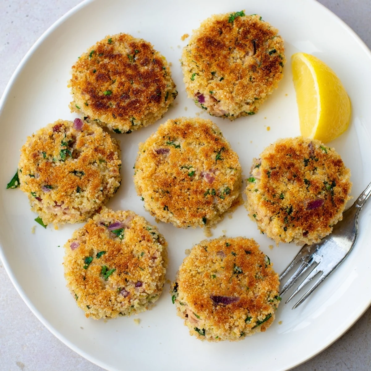 Pan-fried tuna cakes with crunchy panko exterior and tender flaky interior garnished with parsley