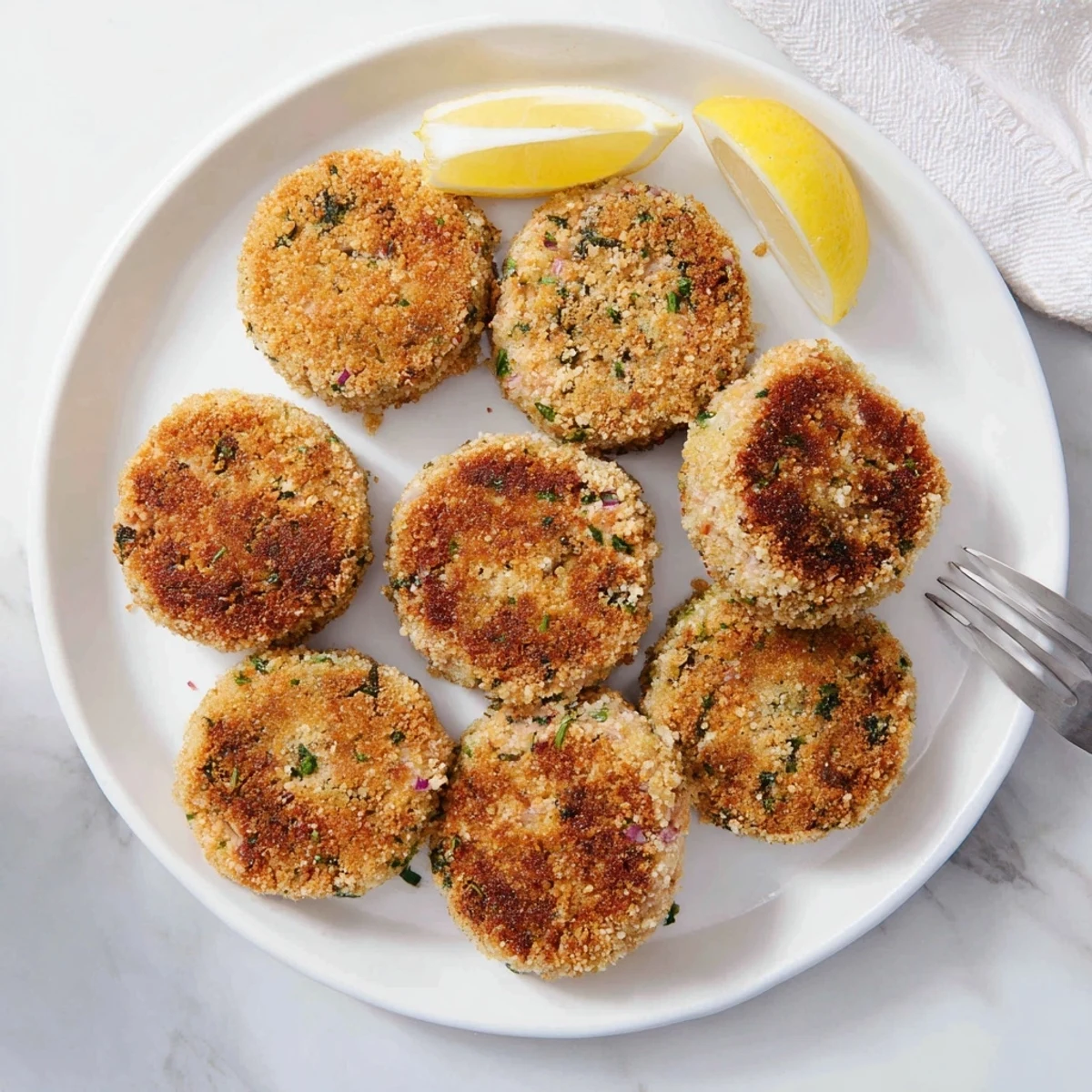 Homemade crispy tuna cakes arranged on a rustic wooden board with red onion and celery accents