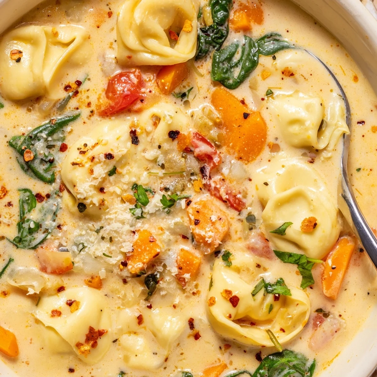 Creamy tortellini soup with spinach and parmesan in a rustic bowl, garnished with fresh herbs.