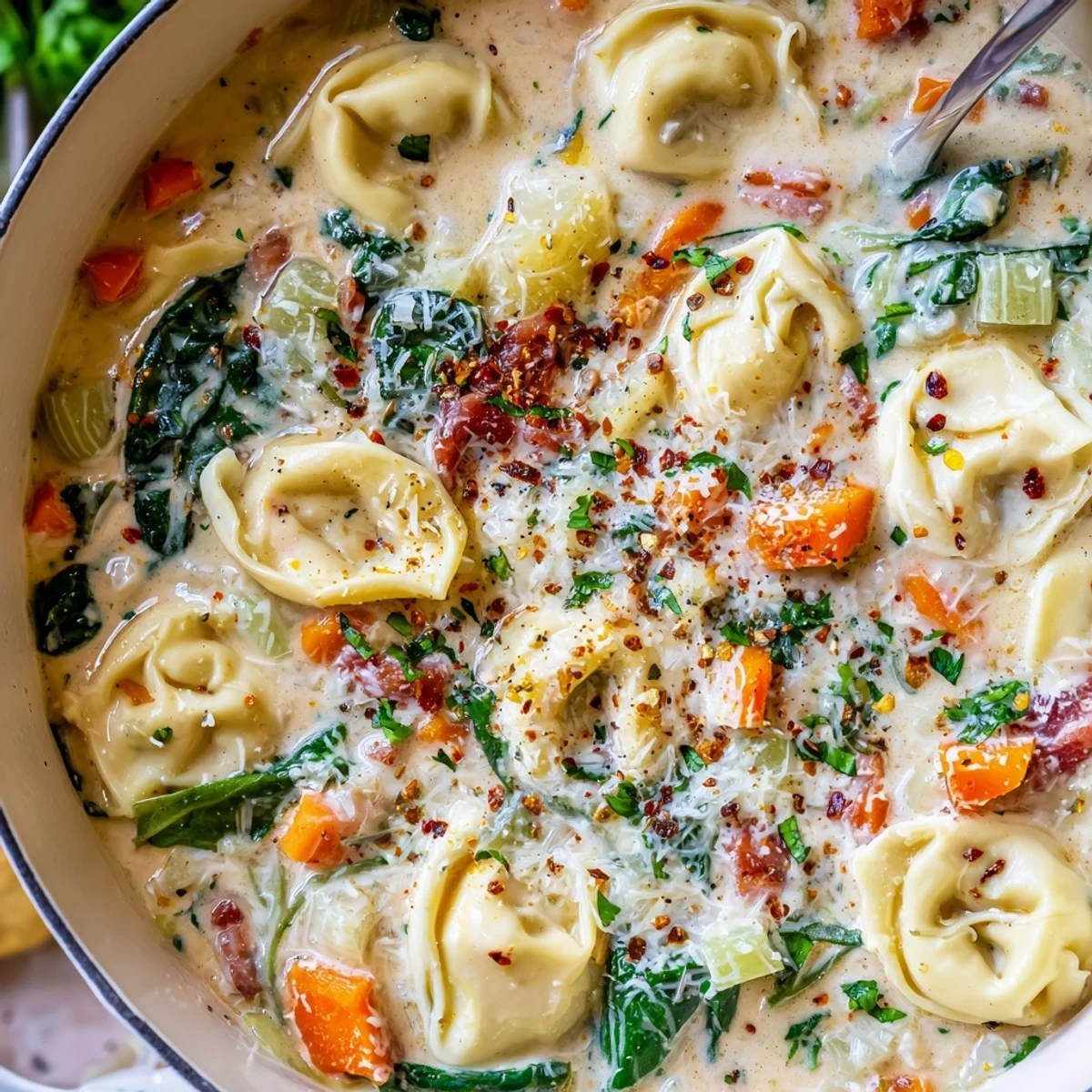 Steaming bowl of comforting tortellini soup featuring tender pasta and colorful vegetables in velvety broth.