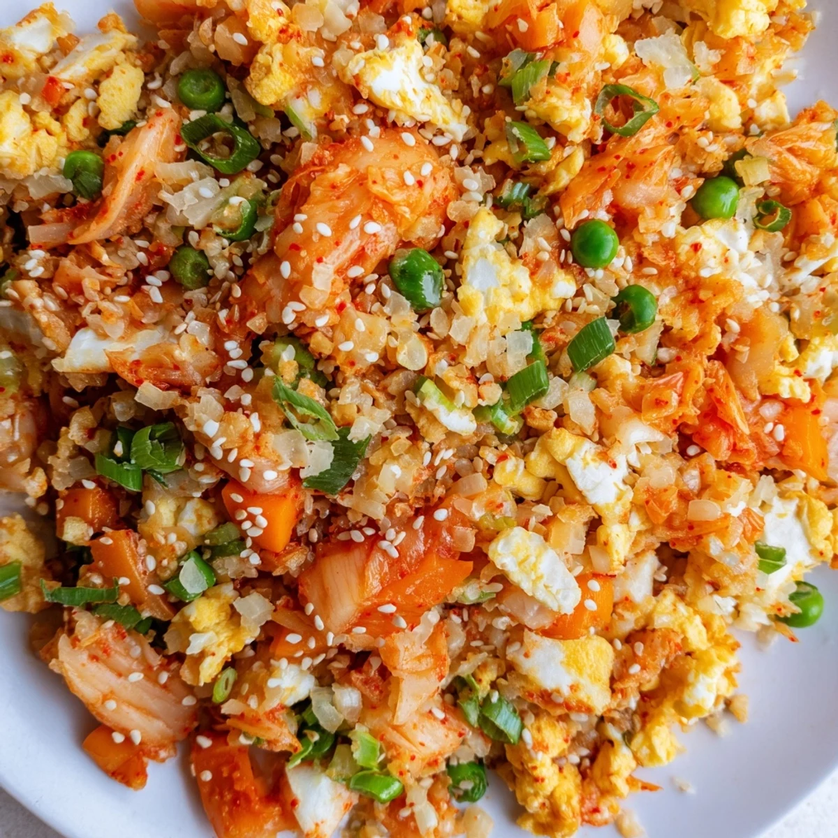 Cauliflower fried rice with kimchi and eggs served in a white bowl garnished with sesame seeds