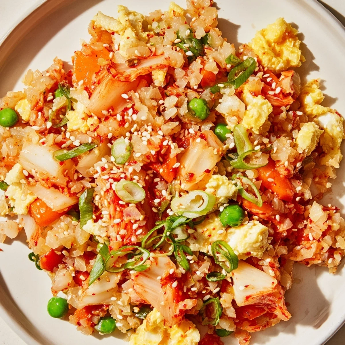 Golden scrambled eggs mixed with cauliflower fried rice and spicy kimchi in a close-up shot