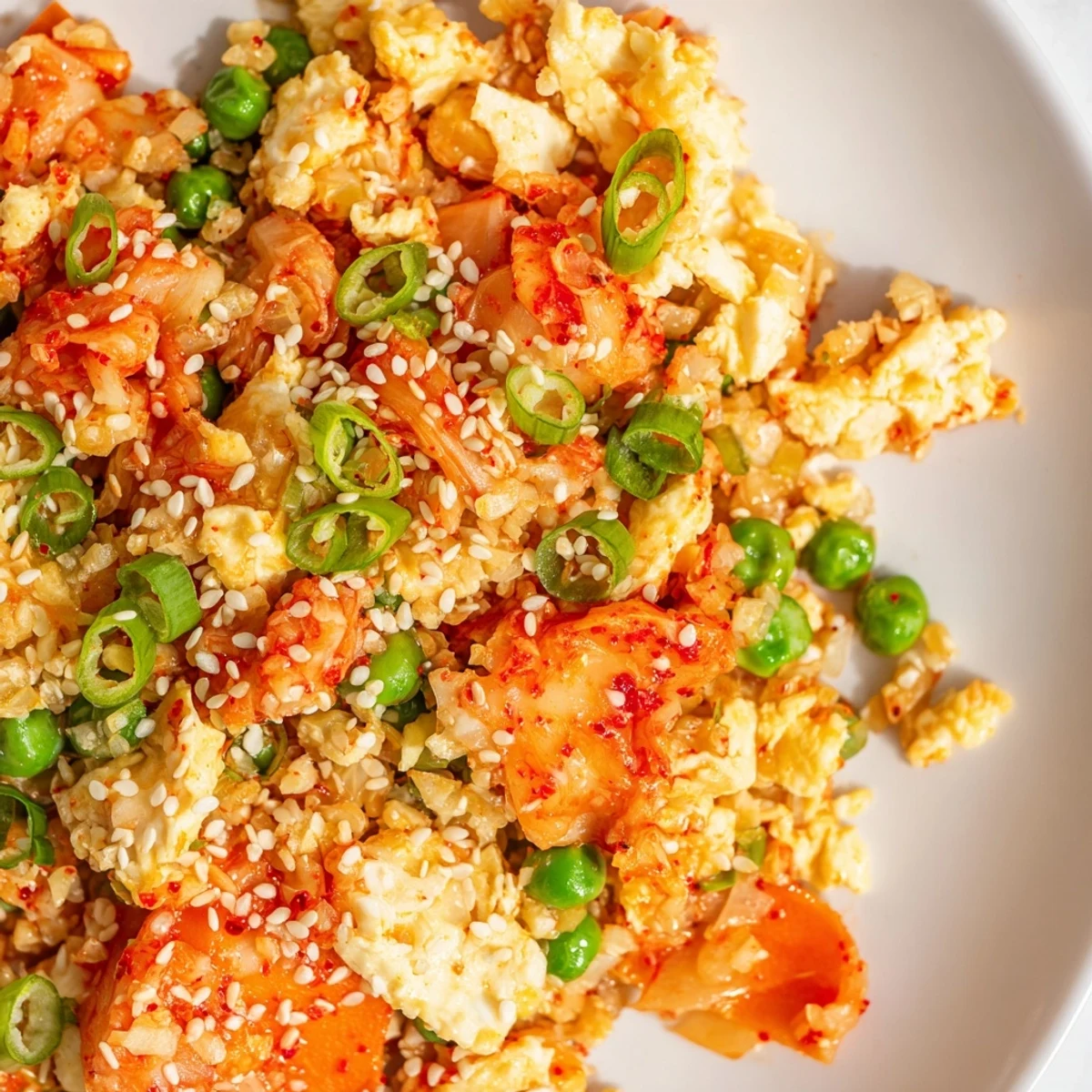 Colorful cauliflower fried rice with kimchi and eggs topped with fresh green onions and sesame seeds
