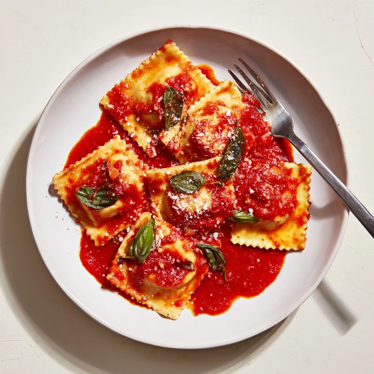 Handmade pasta parcels filled with savory chicken and earthy mushrooms topped with warm basil tomato sauce