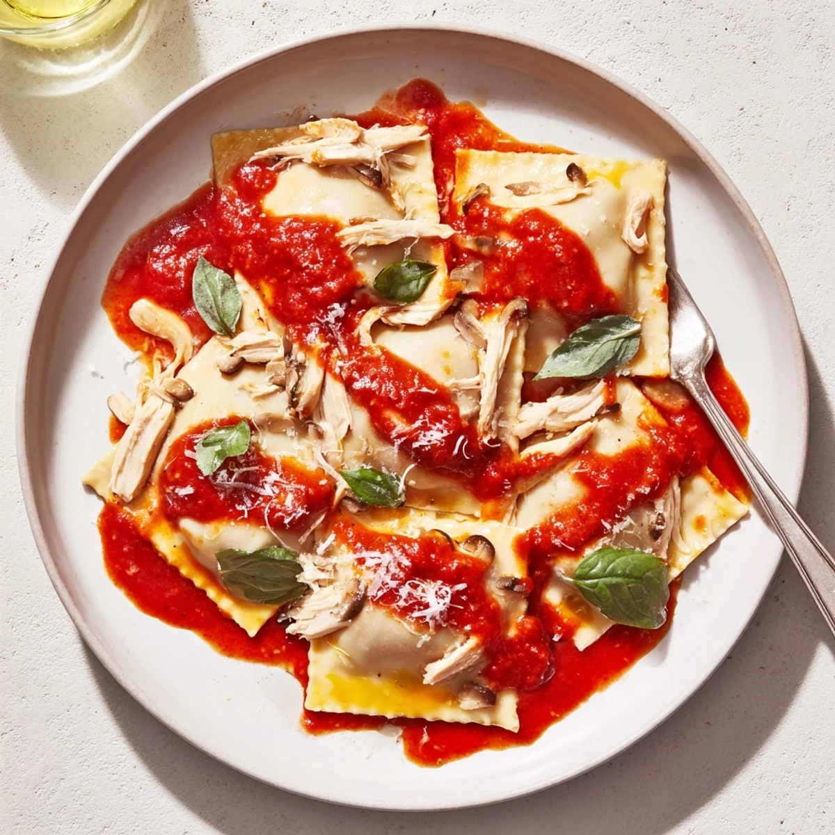 Golden chicken and mushroom ravioli nestled in vibrant red tomato sauce with fresh basil garnish