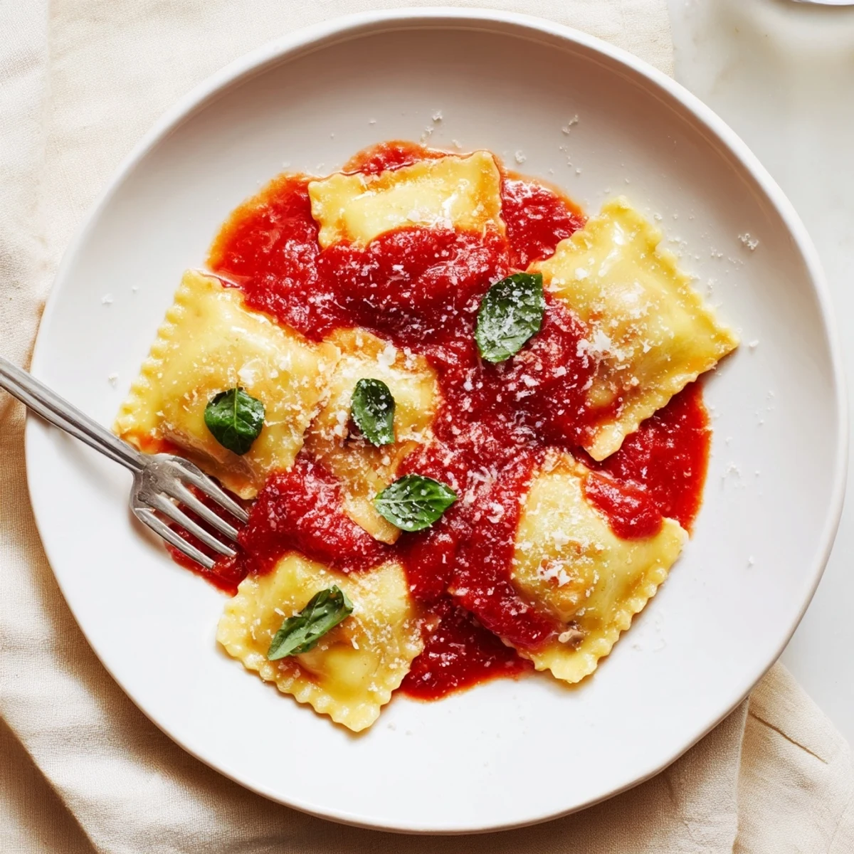 Plate of delicate ravioli with tender chicken mushroom filling drizzled with rustic tomato sauce and Parmesan