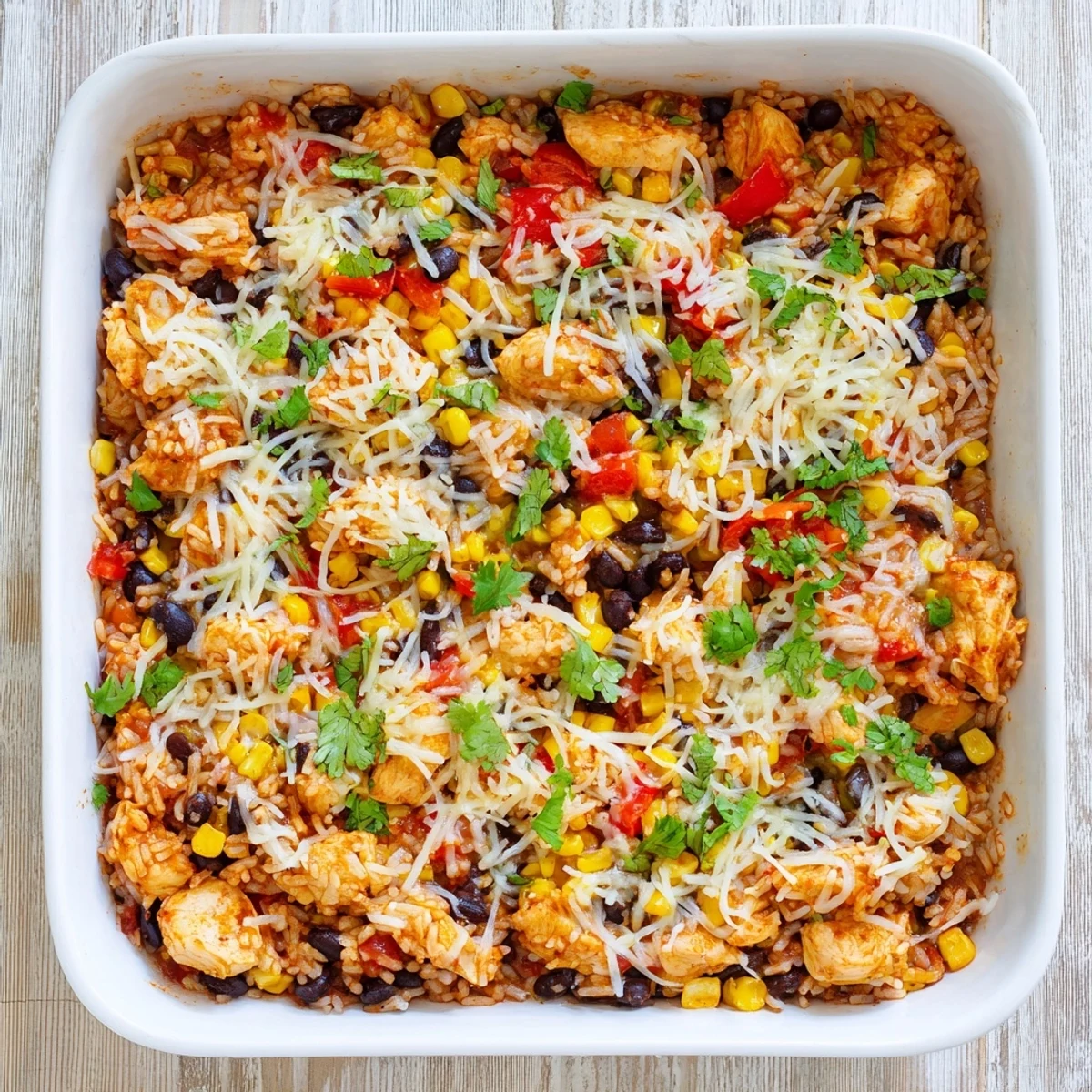 Golden cheesy Mexican chicken and rice bake with melted cheese topping and colorful vegetables