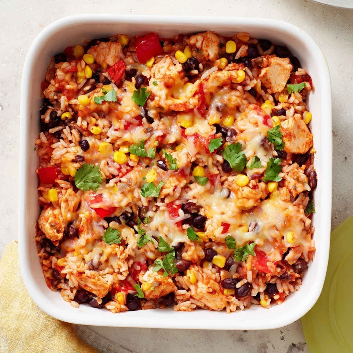 Bubbling casserole dish of Mexican chicken and rice bake garnished with fresh cilantro