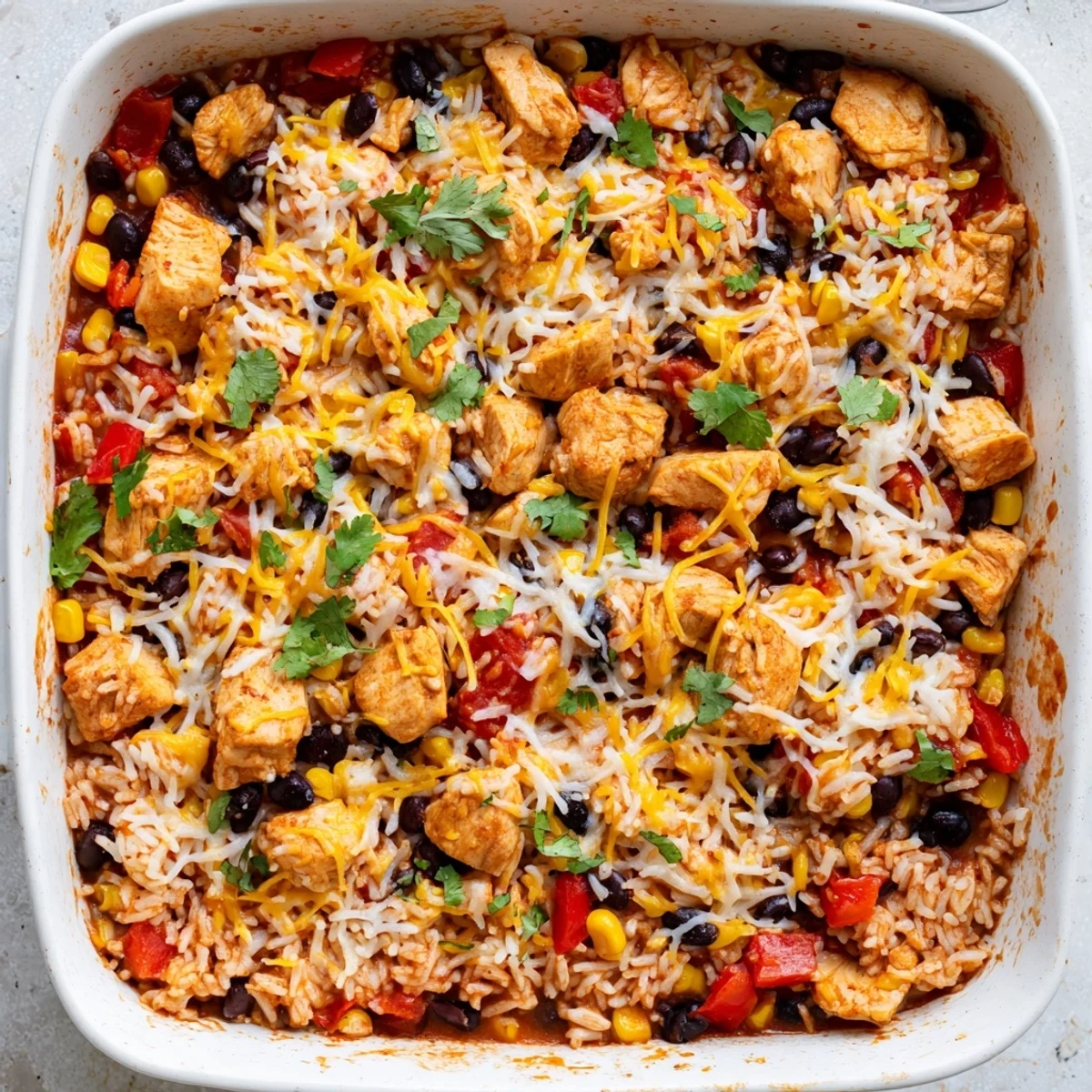 Spoonful of tender Mexican chicken and rice bake showcasing black beans corn and melted cheese