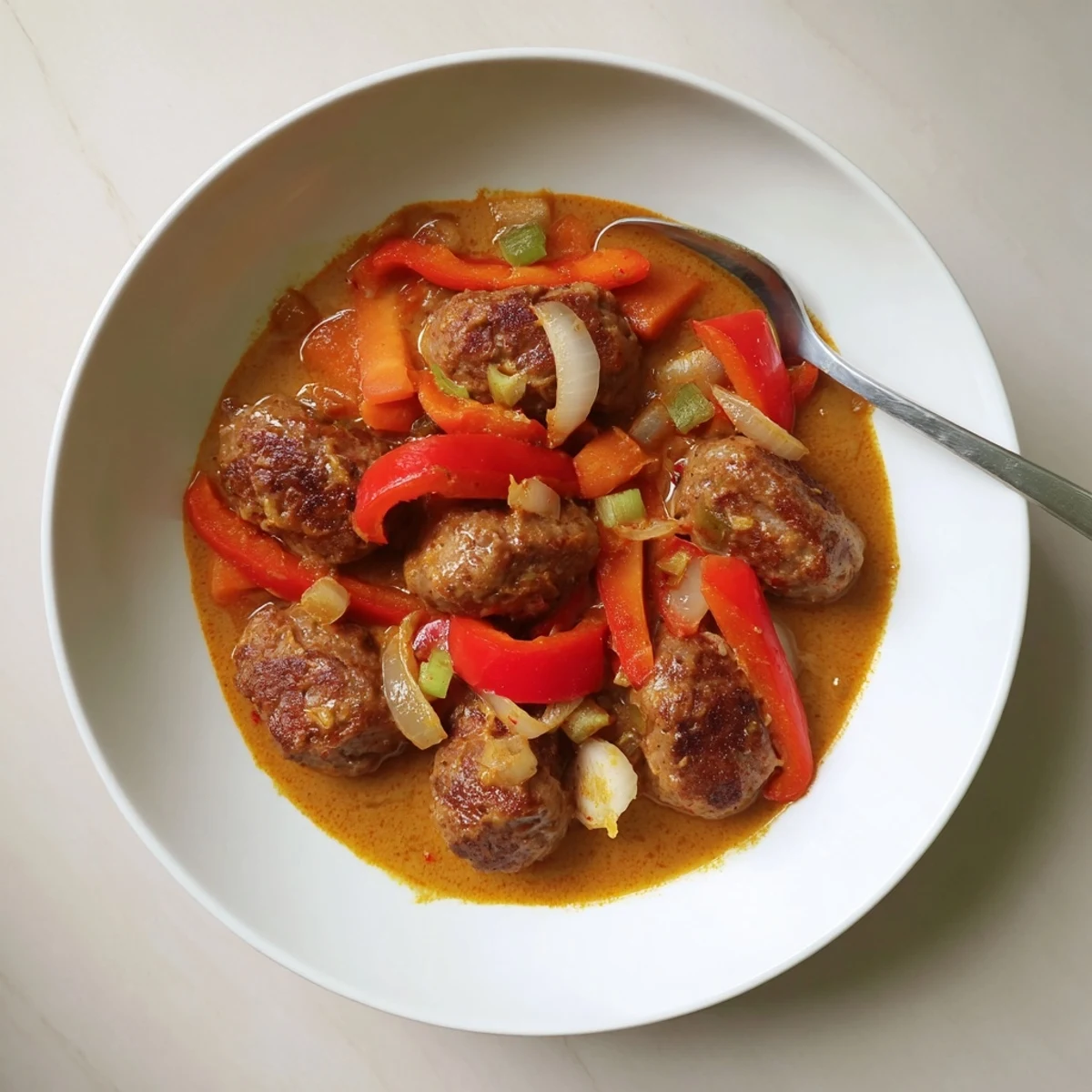 Golden brown sausages simmer in a rich, spiced curry sauce with colorful bell peppers and tender apple chunks