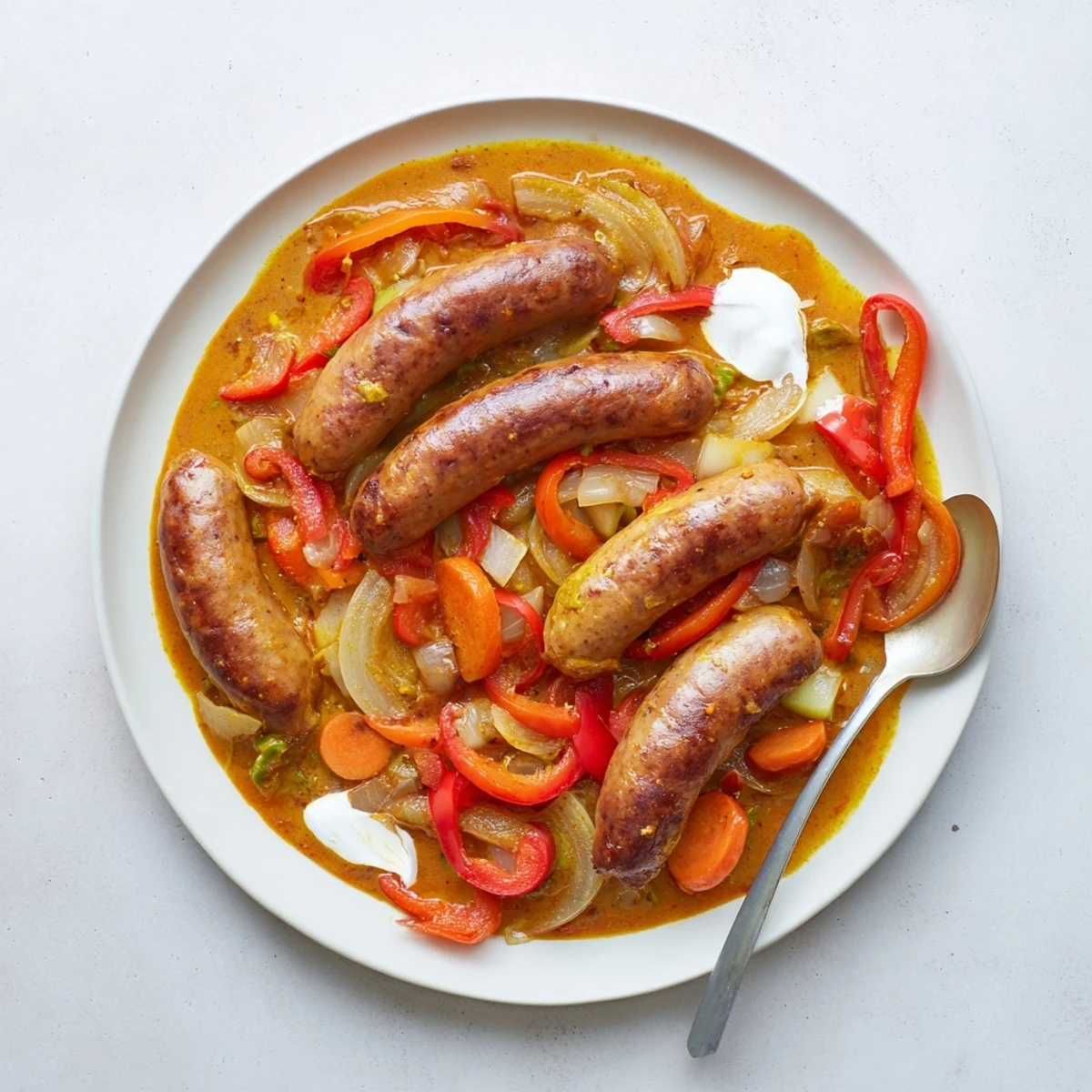 Savory sausage curry features juicy pork links nestled in a sweet-tomato broth with vibrant red and green vegetables