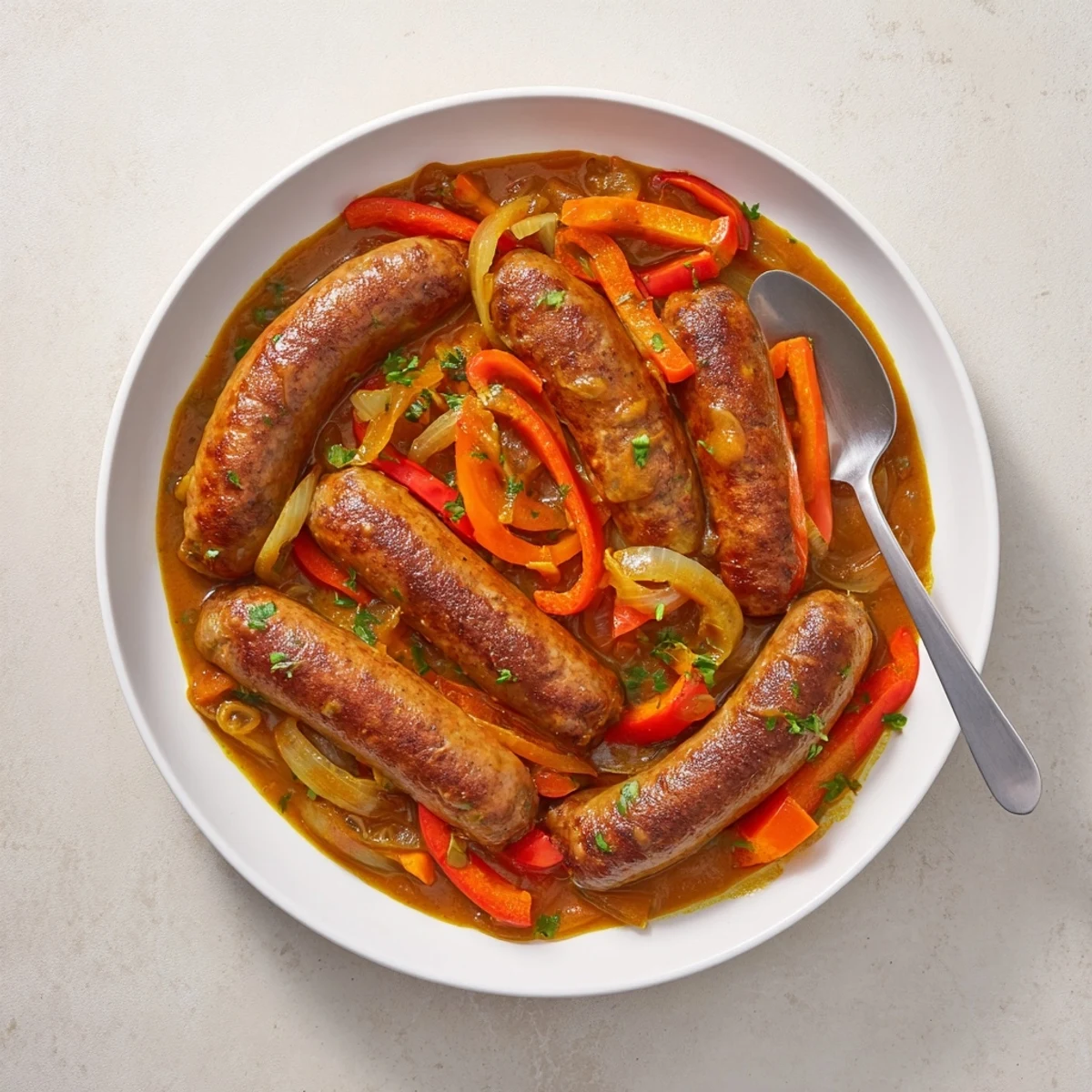 Steaming bowl of sweet and savory sausage curry served over fluffy white rice with a creamy yogurt swirl finish