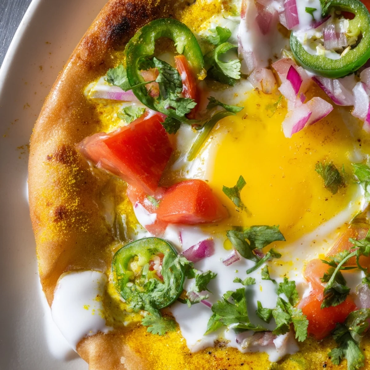 Golden curried fried egg with turmeric spices resting on warm buttery naan bread