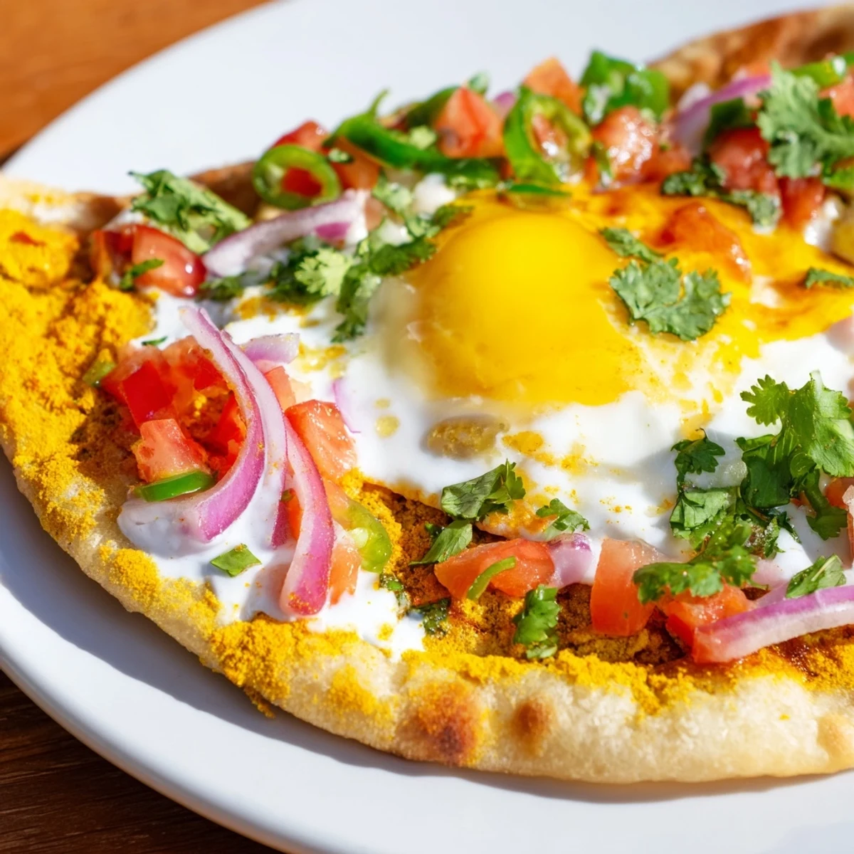 Spiced fried egg open naan topped with creamy yogurt drizzle and fresh diced tomato