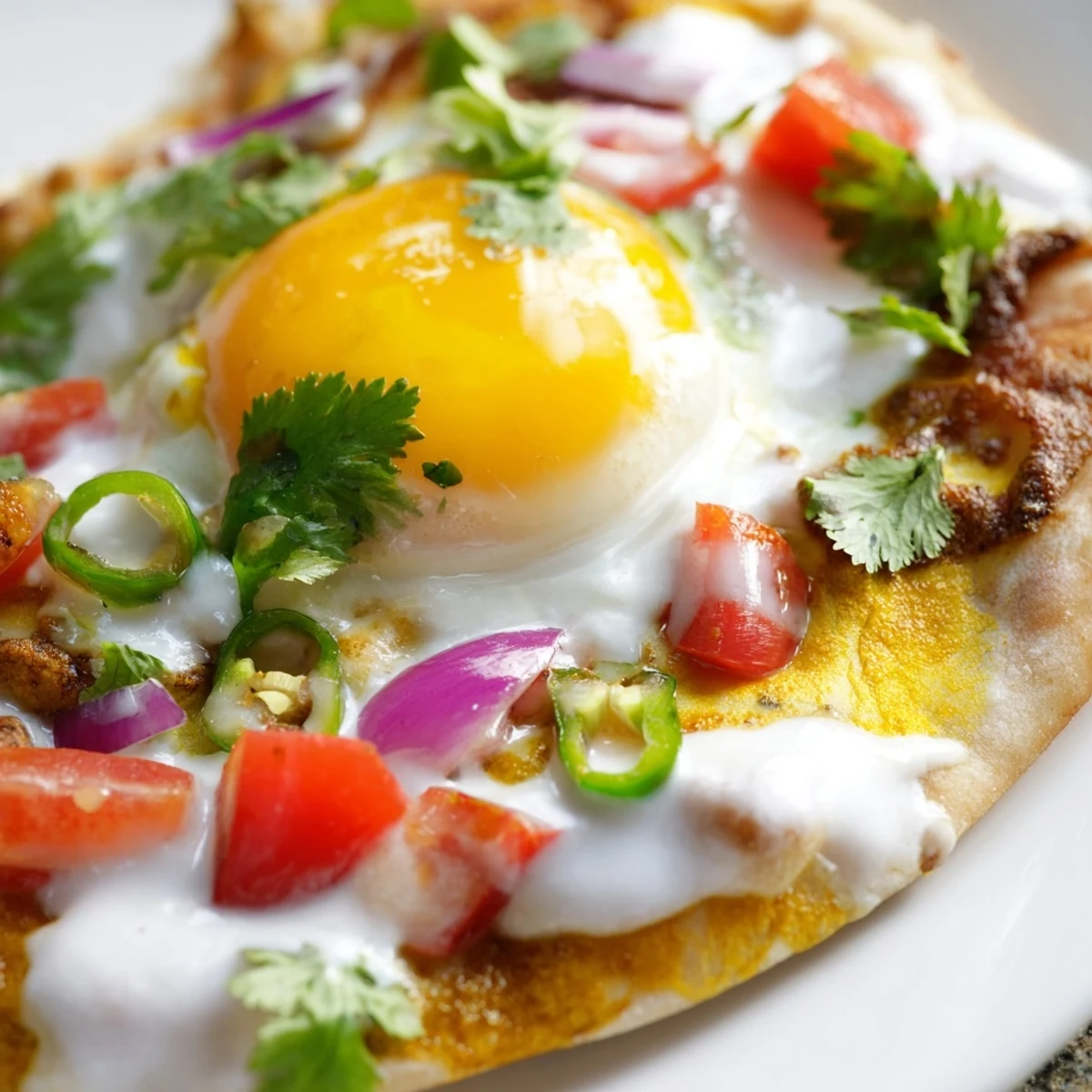 Indian-style curried egg breakfast on pillowy naan garnished with cilantro and red onion