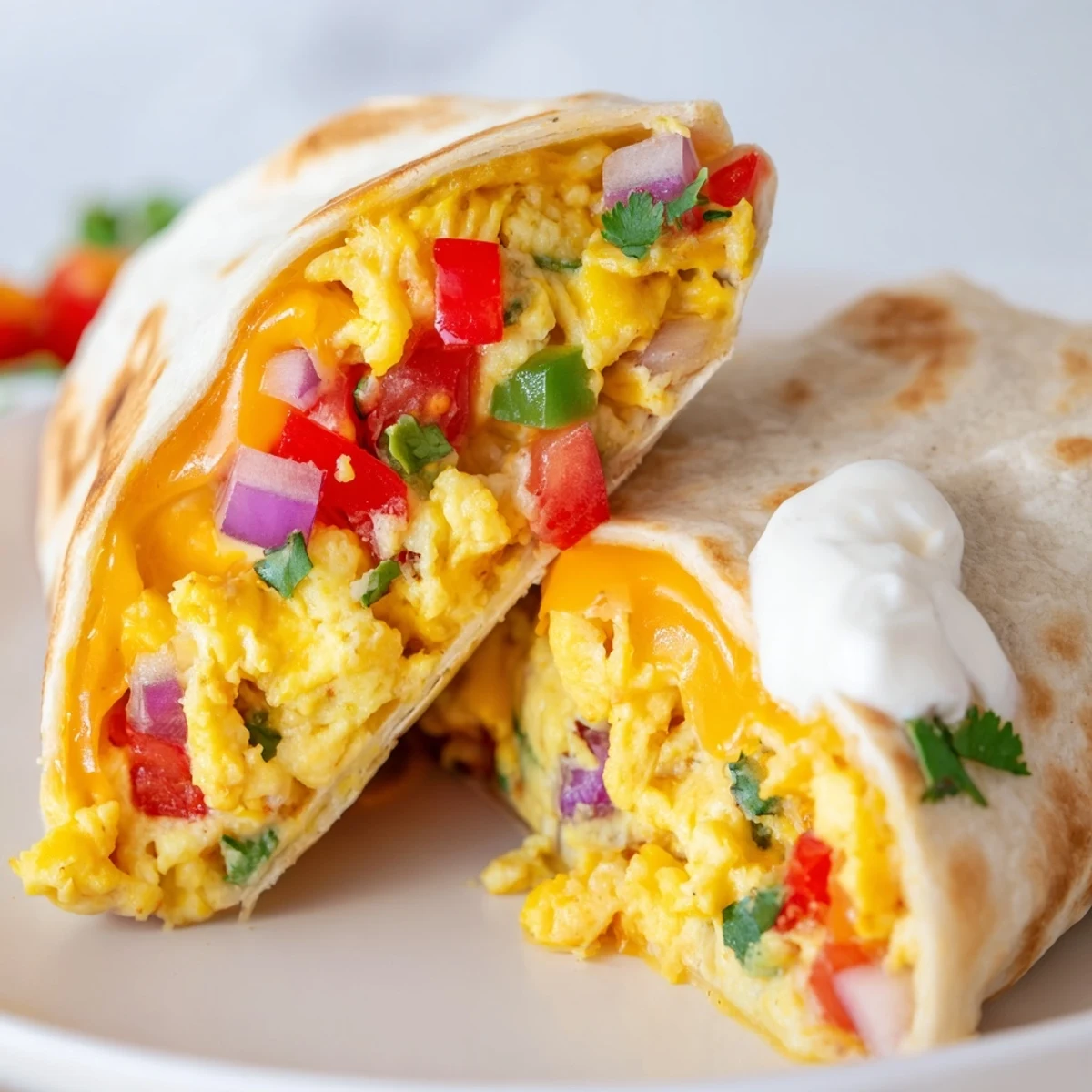 Fluffy scrambled Tex Mex egg tortilla pockets filled with sautéed vegetables and spices, ready for breakfast on the go