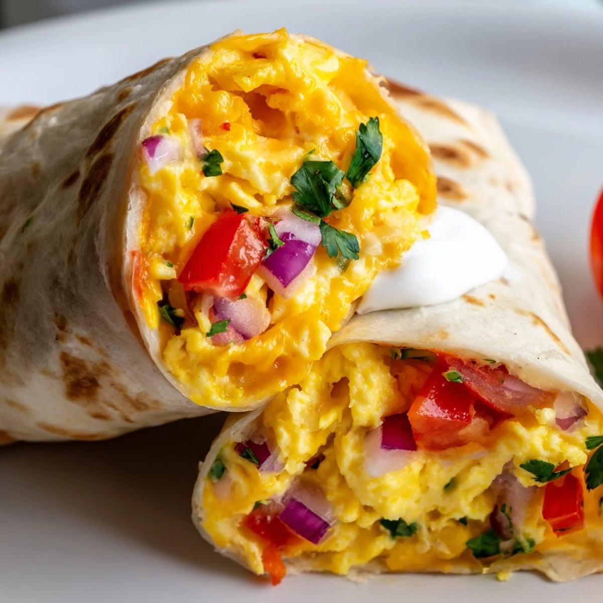Golden Tex Mex egg tortilla pockets with colorful peppers, melted cheddar, and fresh cilantro wrapped in warm flour tortillas
