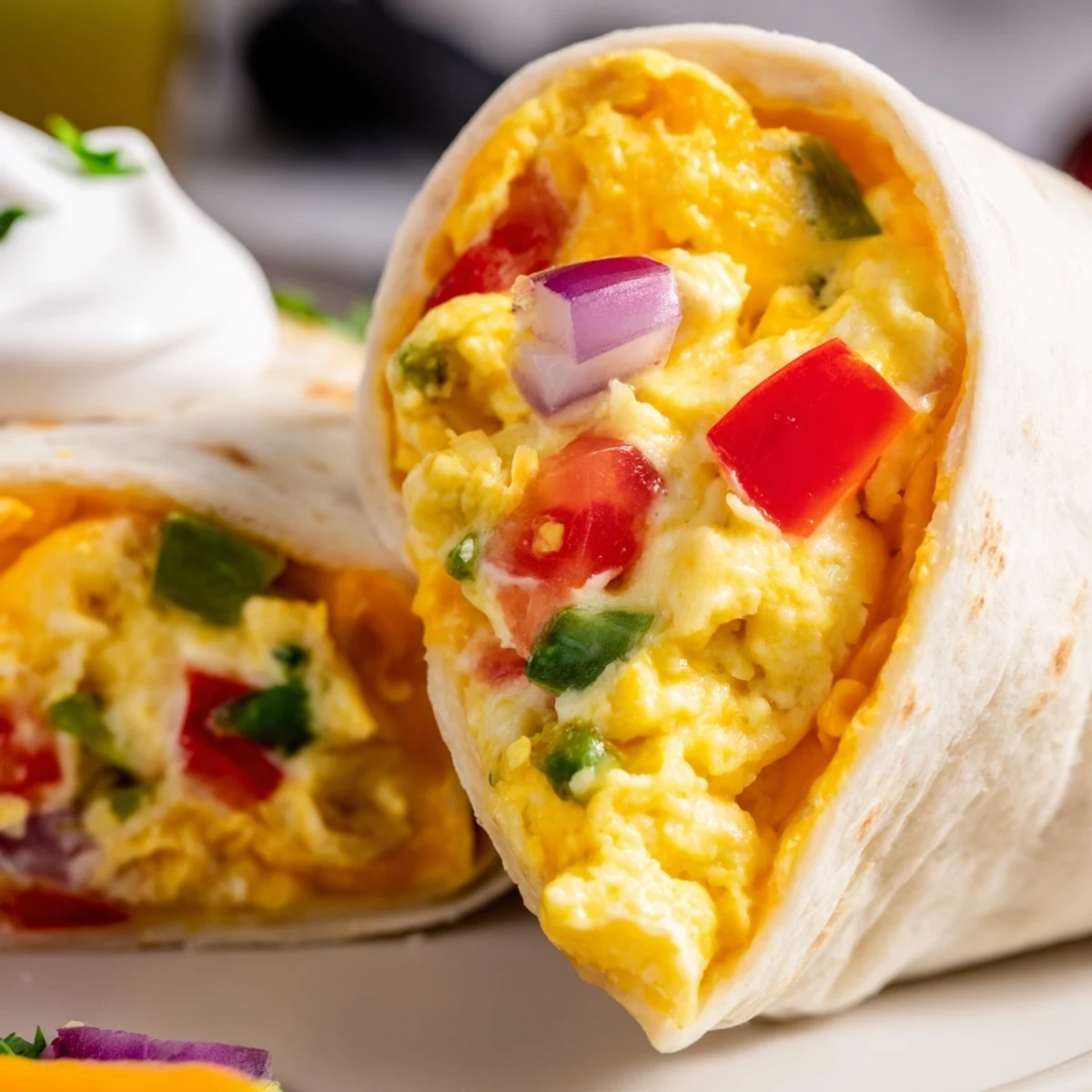 Handheld Tex Mex egg tortilla pockets featuring cheesy eggs and bell peppers, garnished with sour cream and salsa