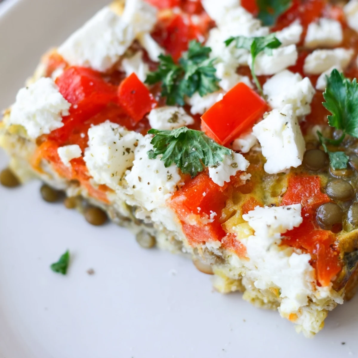 Savory Mediterranean frittata with tender lentils, diced red peppers, and melted feta cheese on top