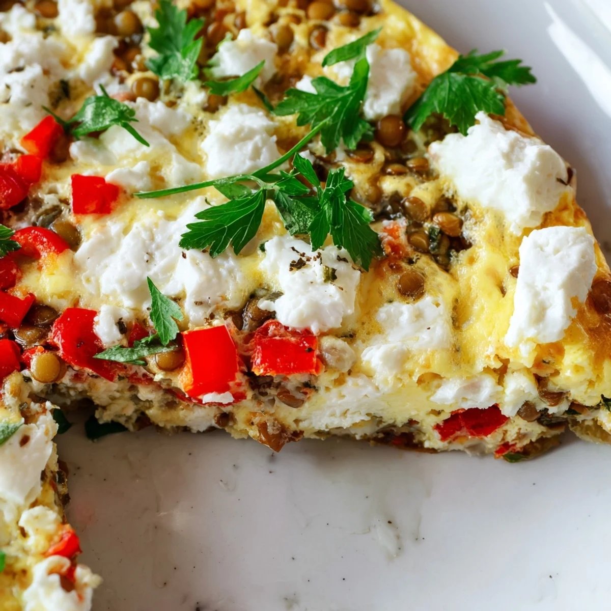 Protein-packed healthy lentil and feta frittata served in slices with vibrant green spinach visible throughout