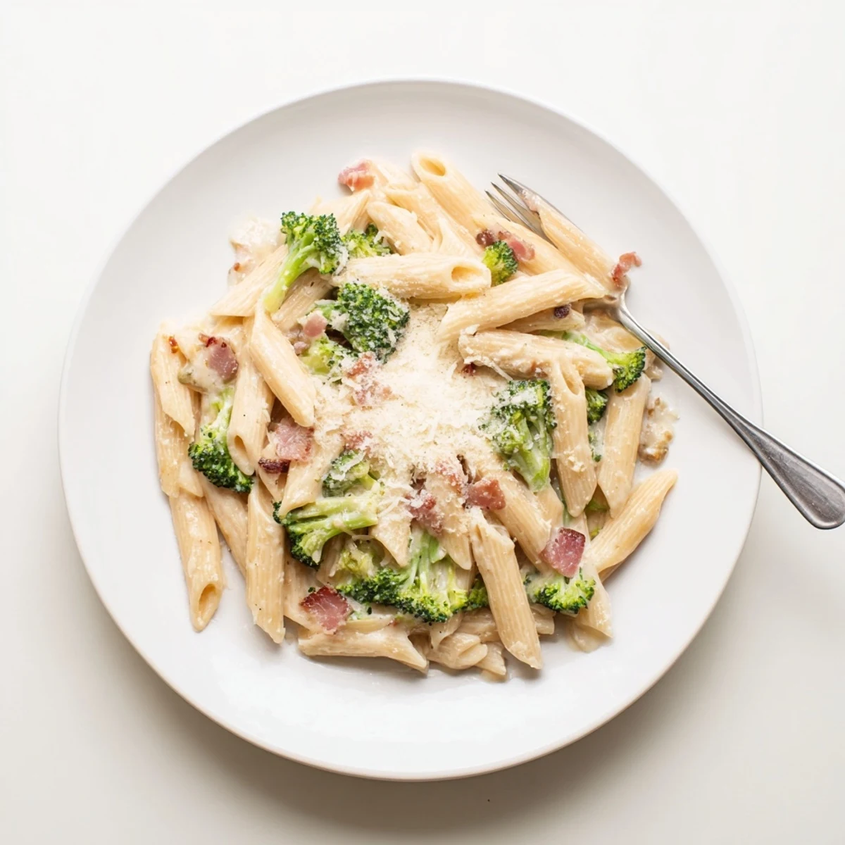 Creamy bacon broccoli and Parmesan pasta tossed in a rich garlic sauce with crispy bacon bits