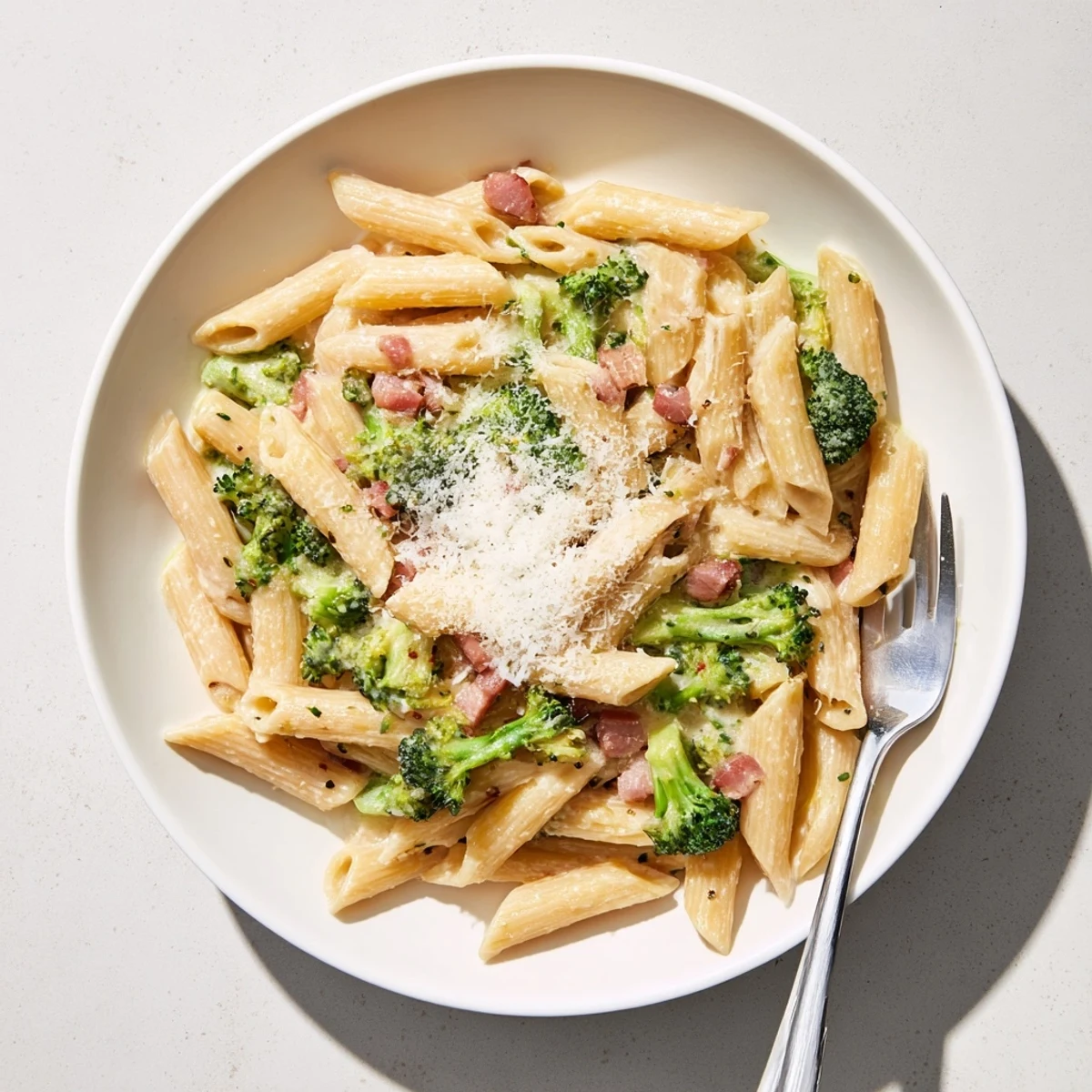 Steaming bowl of bacon broccoli and Parmesan pasta garnished with extra grated cheese and black pepper