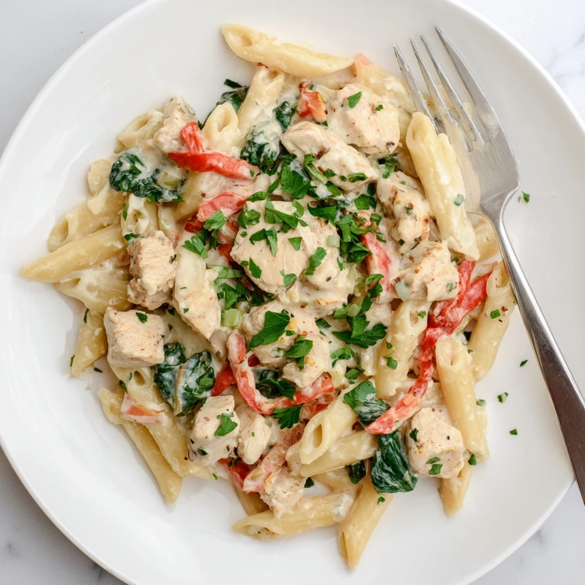 Golden one pan creamy chicken pasta featuring tender penne coated in rich Parmesan sauce with colorful bell peppers and wilted spinach