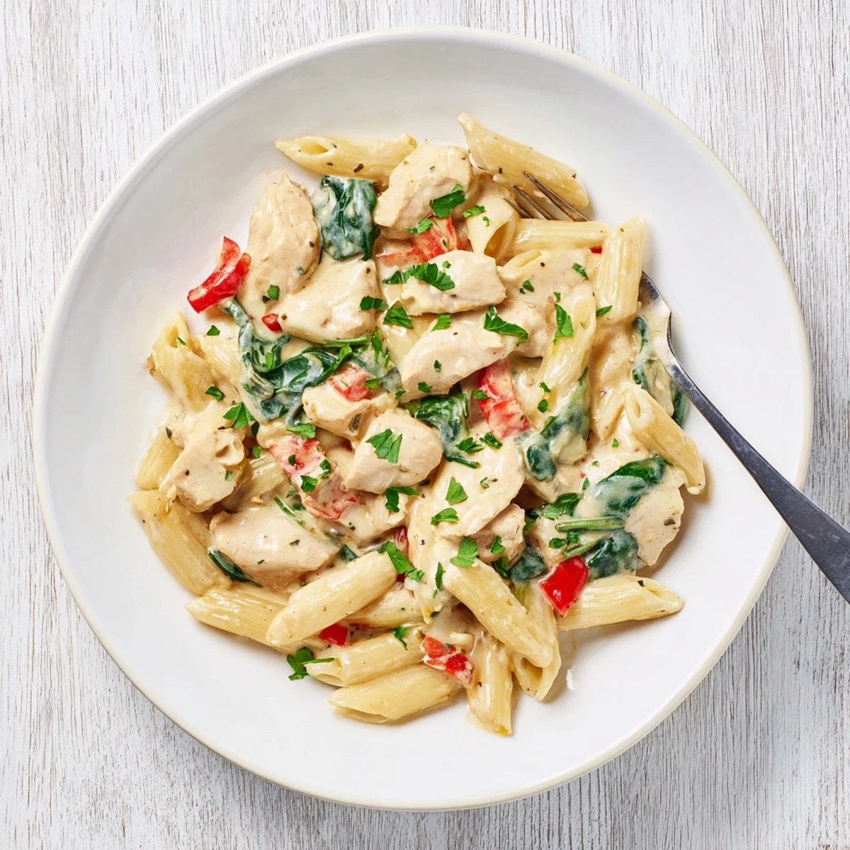 Rustic skillet of one pan creamy chicken pasta showcasing bite-sized chicken pieces nestled among al dente noodles in luxurious cream sauce