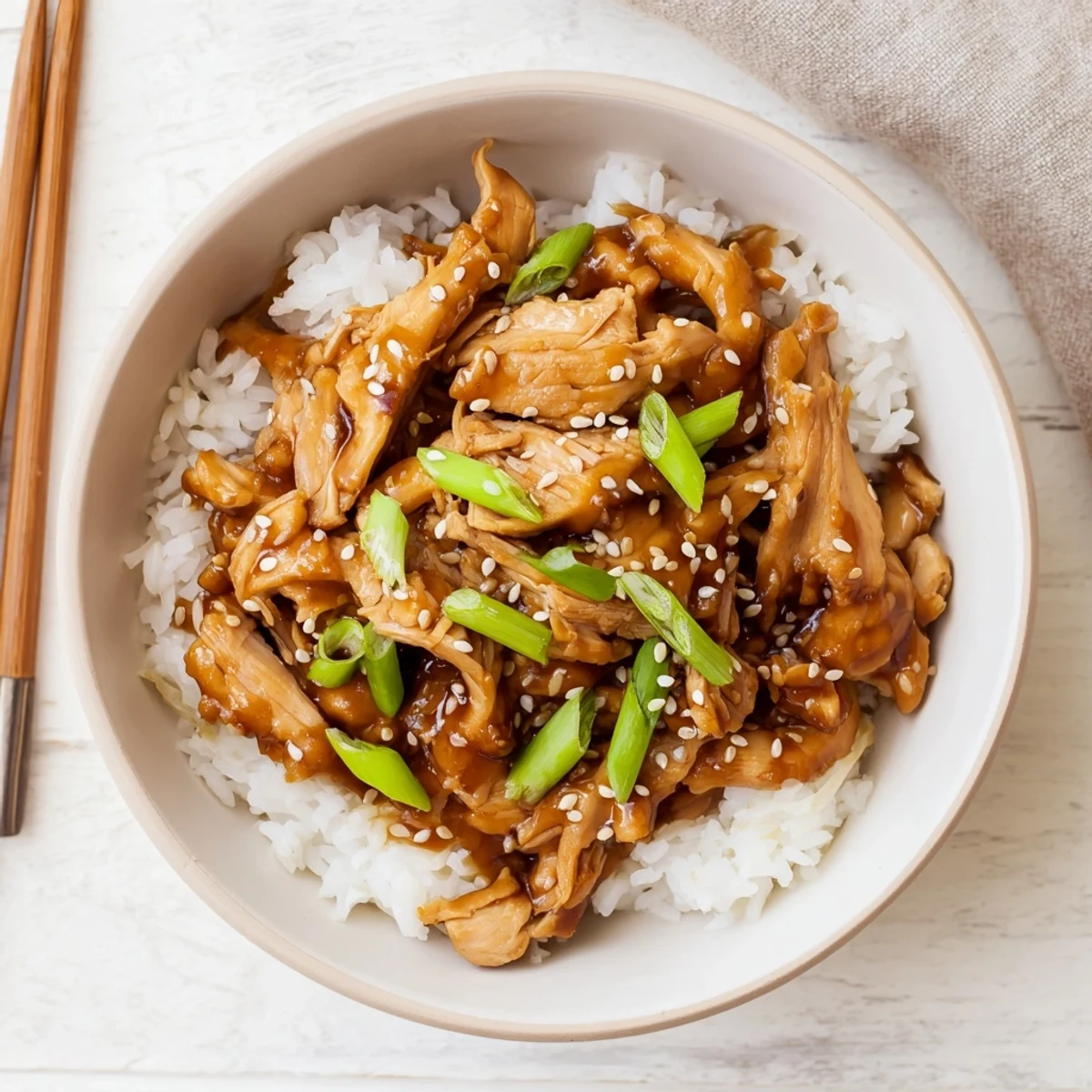 Slow cooker Crockpot Teriyaki Chicken featuring shredded meat coated in glossy brown glaze
