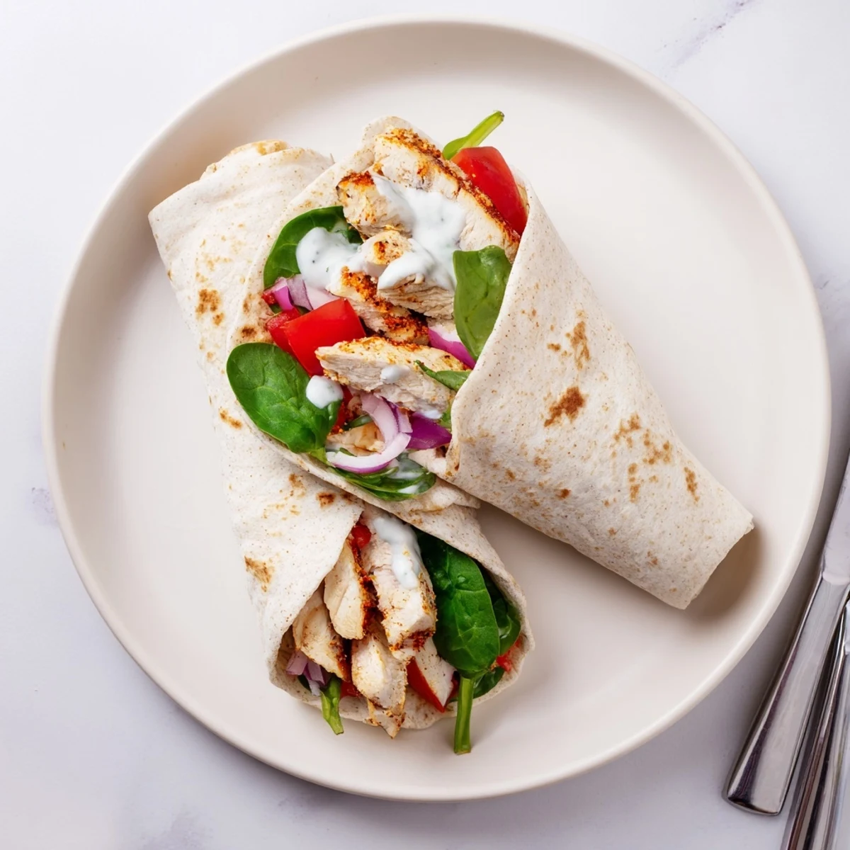 Golden low carb cheesy garlic chicken wraps with melted cheddar and fresh vegetables